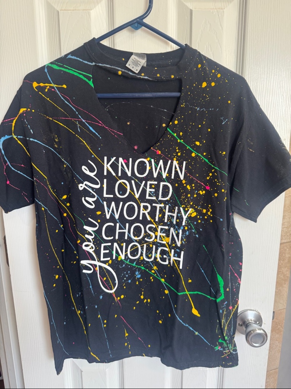 Women’s Black Inspirational Graphic Tee with Multicolor Splatter